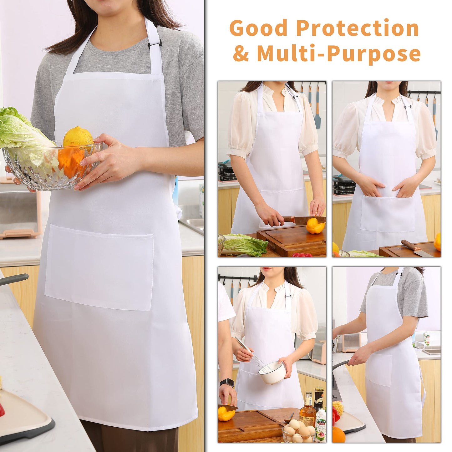 Tosewever 2 Pack Adjustable Bib Apron, Waterdrop Resistant Aprons with 2 Pockets Cooking Kitchen Restaurant Aprons for Women Men Chef, BBQ Drawing Crafting Outdoors (Polyester-White, 2)