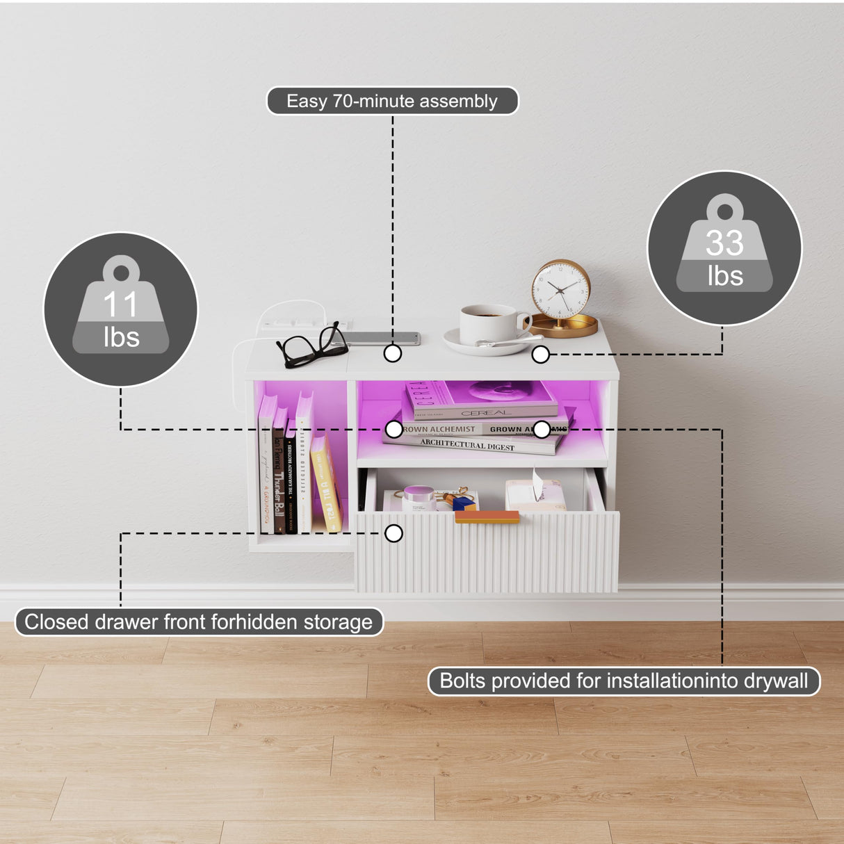 Veegle White Floating Nightstand with Charging Station and LED Lights,White Veegle
