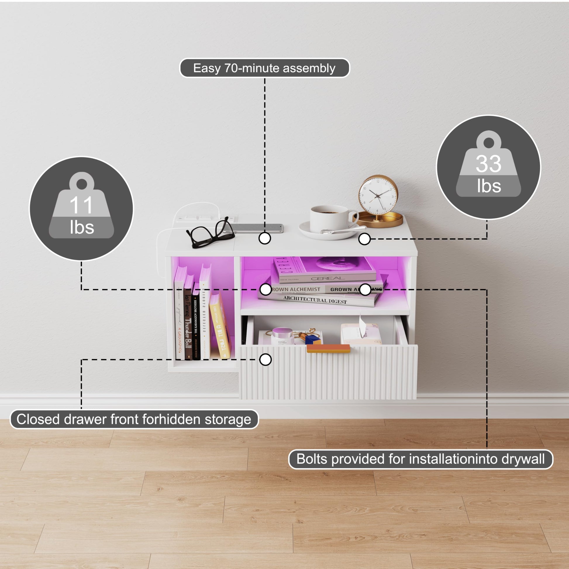 Veegle White Floating Nightstand with Charging Station and LED Lights,White - WoodArtSupply