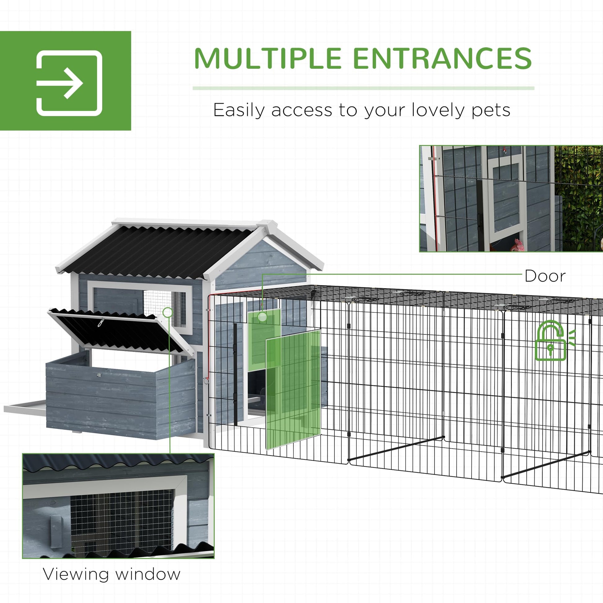 PawHut 11' x 5' x 3.5' Wooden Chicken Coop with Nesting Box, Outdoor Poultry Cage with Run for 4 Chickens with Pull-Out Tray, Perches for Duck, Dark Gray - WoodArtSupply