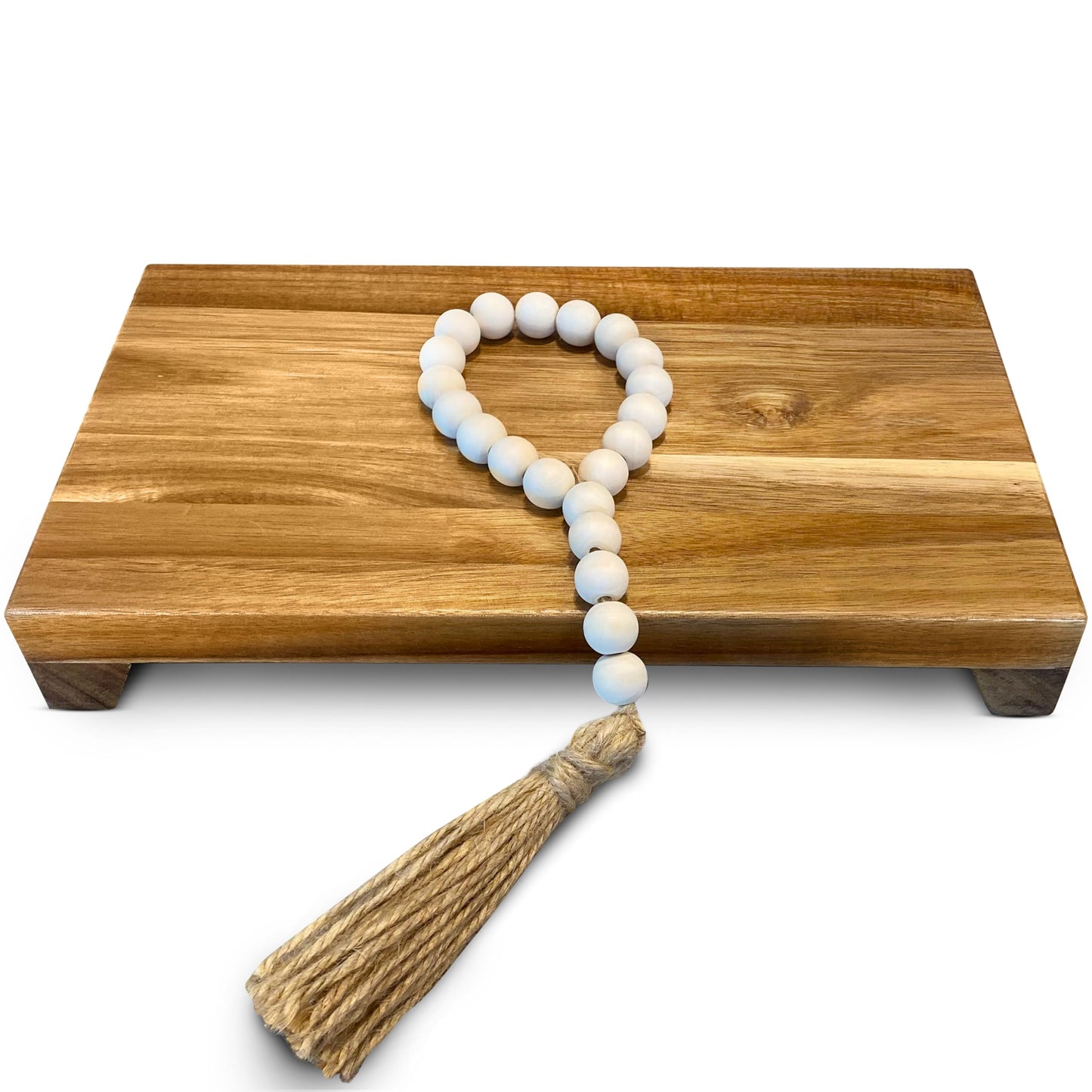 Lyfe Simple Natural Acacia Wood Pedestal Stand | Wood Riser with Decorative Beads | Kitchen Counter Decor | Soap Tray for Kitchen Sink | Bathroom Tray | Tabletop Wooden Stand (12 x 7 x 1.75 Inch)