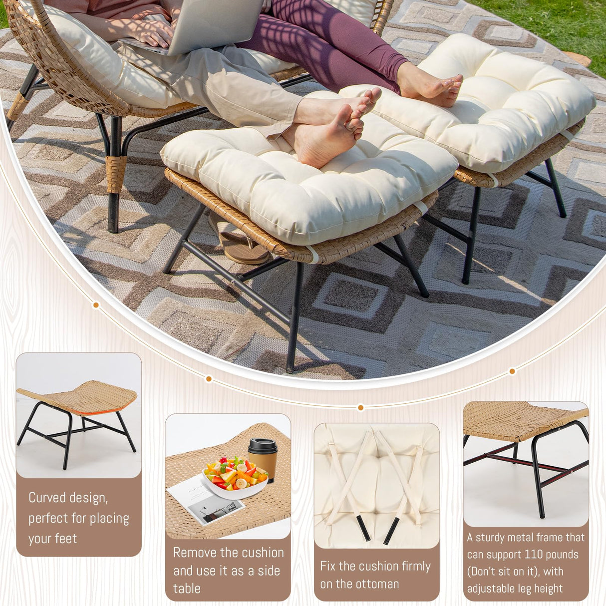 BULEXYARD Double Egg Chair with Ottoman Indoor Outdoor 680lbs, 2 Person Brown Wicker Oversized Stationary Egg Chair with Beige Thick Cushion, Patio Wide Lounge Loveseat with Legs for Balcony, Porch BULEXYARD