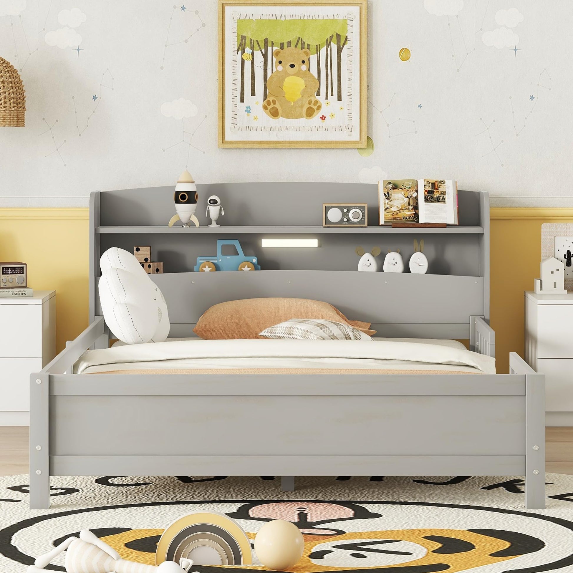 Bellemave Full Size Low Platform Bed with LED Light, Storage Headboard & Safety Rails for Kids in Grey - WoodArtSupply