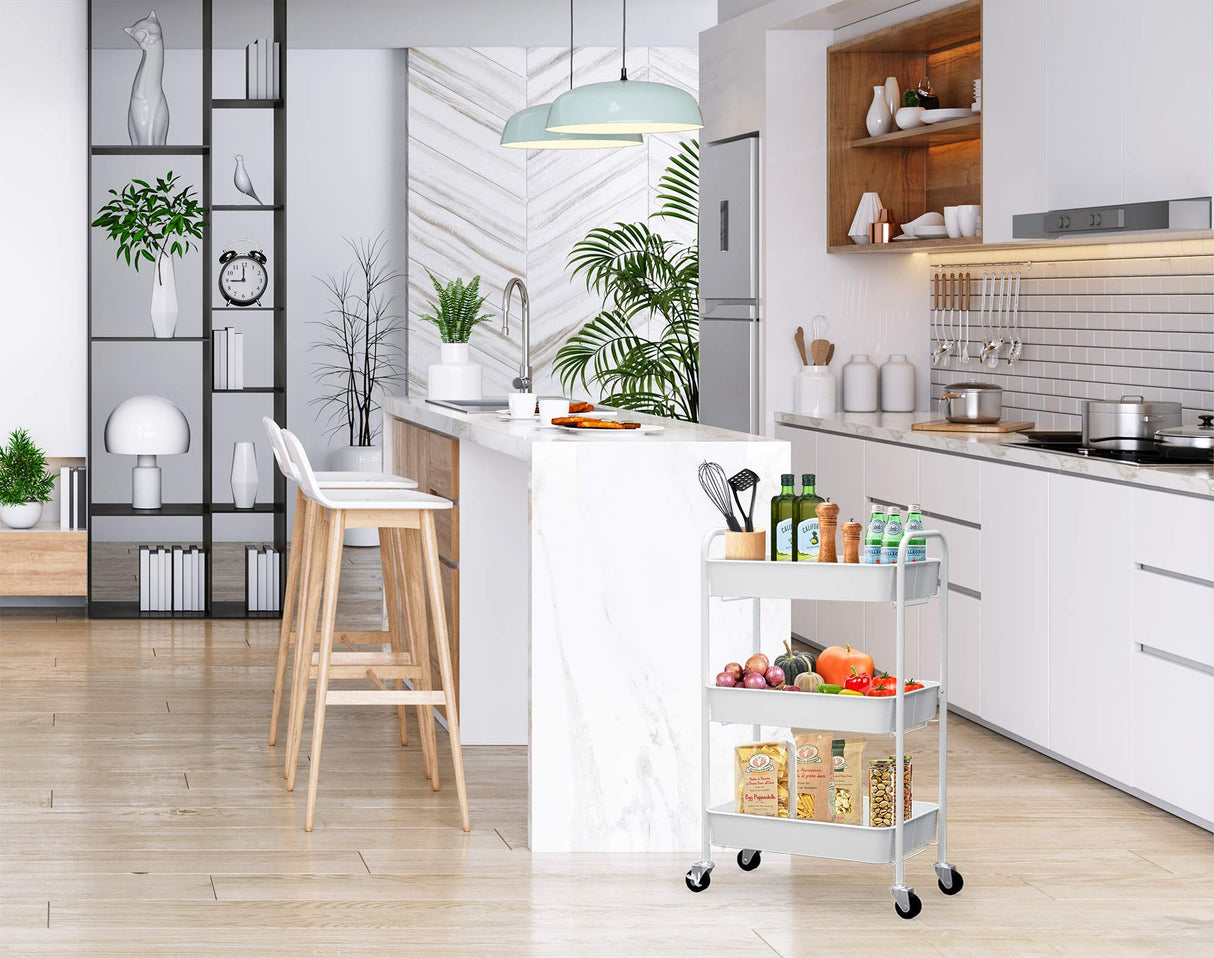 CAXXA 3-Tier Rolling Metal Storage Organizer - Mobile Utility Cart Kitchen Cart with Caster Wheels, White CAXXA