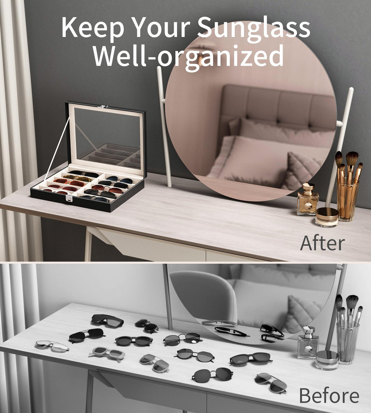 NEWLOOP Sunglass Organizer for Women Men - Multiple Pair of Sunglasses Storage Box Eye Glass Watch Leather Display Case with 10 Slots Black NEWLOOP