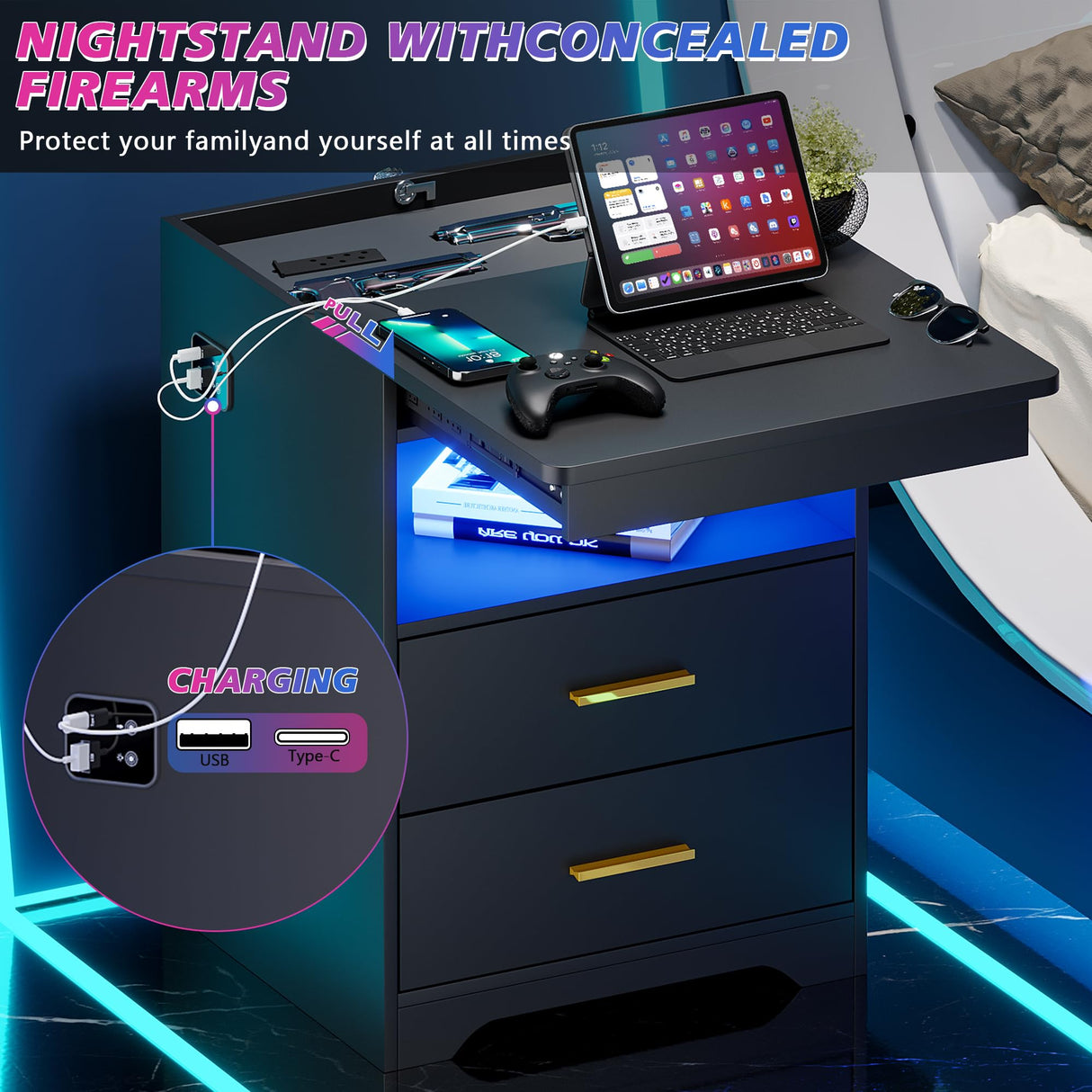 MDGC Nightstand with Lockable Gun Drawer,3 Color Dimmable LED End Table with Charging Station,Bedside Table with Auto Sensor Light,Smart Night Stand with USB-C Ports and 3 Drawers,Bedroom MDGC