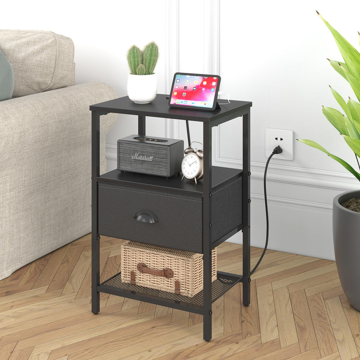 sthmec Nightstands Set of 2, Black Night Stands with Charging Station, Bedside Tables with Fabric Drawers PU Finish, 2-Tier Side Table with Open Shelf, Nightstands with Drawer,Black sthmec