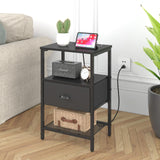 sthmec Nightstands Set of 2, Black Night Stands with Charging Station, Bedside Tables with Fabric Drawers PU Finish, 2-Tier Side Table with Open Shelf, Nightstands with Drawer,Black sthmec