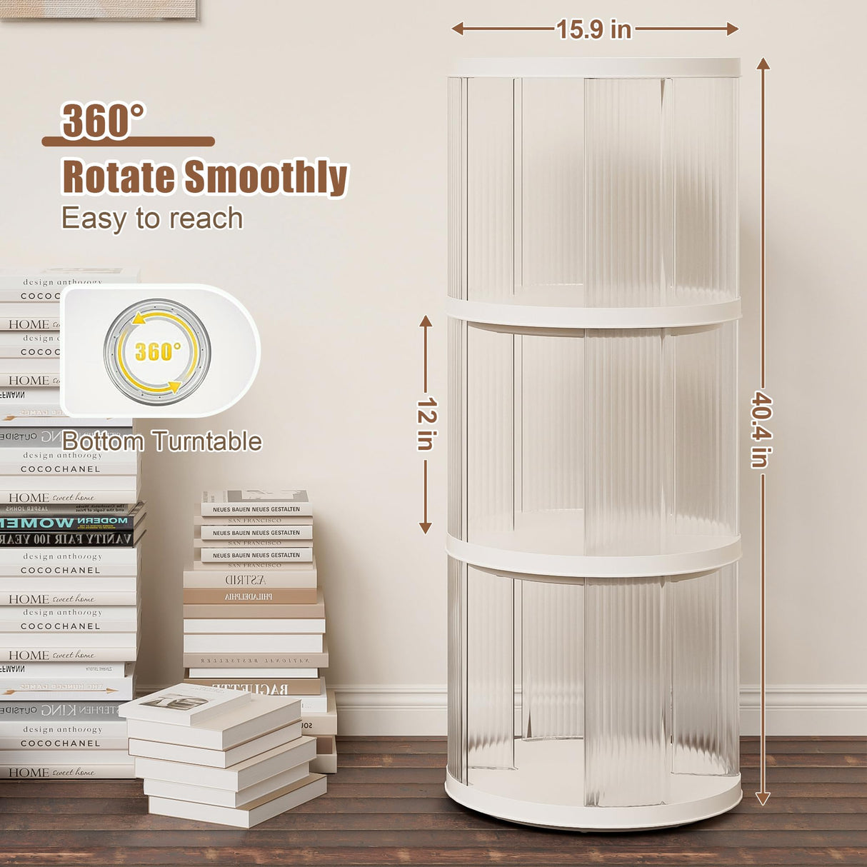 360° Rotating Bookshelf for Small Spaces, Display Rack, Modern Acrylic Corner Spinning Bookshelf with Turntable, 3 Tier Floor Standing Bookcase For Kids Adults, Book Organizer for Bedroom, Living Room Montary