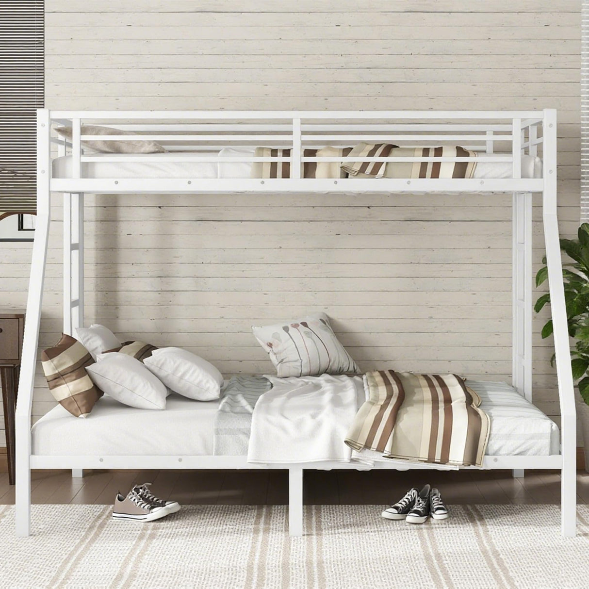 Bellemave Metal Twin XL Over Queen Bunk Bed for Adults/Kids,Heavy Duty Adults Bunk Beds with Guardrail & Ladders,Twin XL Over Queen Size Bunk Beds for Teens,White Bellemave