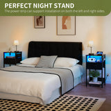 Yoobure Side Table - Night Stand with Charger Station & LED Light, 3 Tier Small End Table Living Room, Bedside Table with Drawer, Record Player Stand with Vinyl Storage, Black Nightstand for Bedroom Yoobure