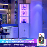 ChooChoo Farmhouse Corner Storage Cabinet with LED Lights, 5-Tier Corner Bookshelf Stand with Barn Doors, 66.9" Gothic Corner Display Cabinet with Adjustable Shelf for Living Room, Farmhouse White ChooChoo