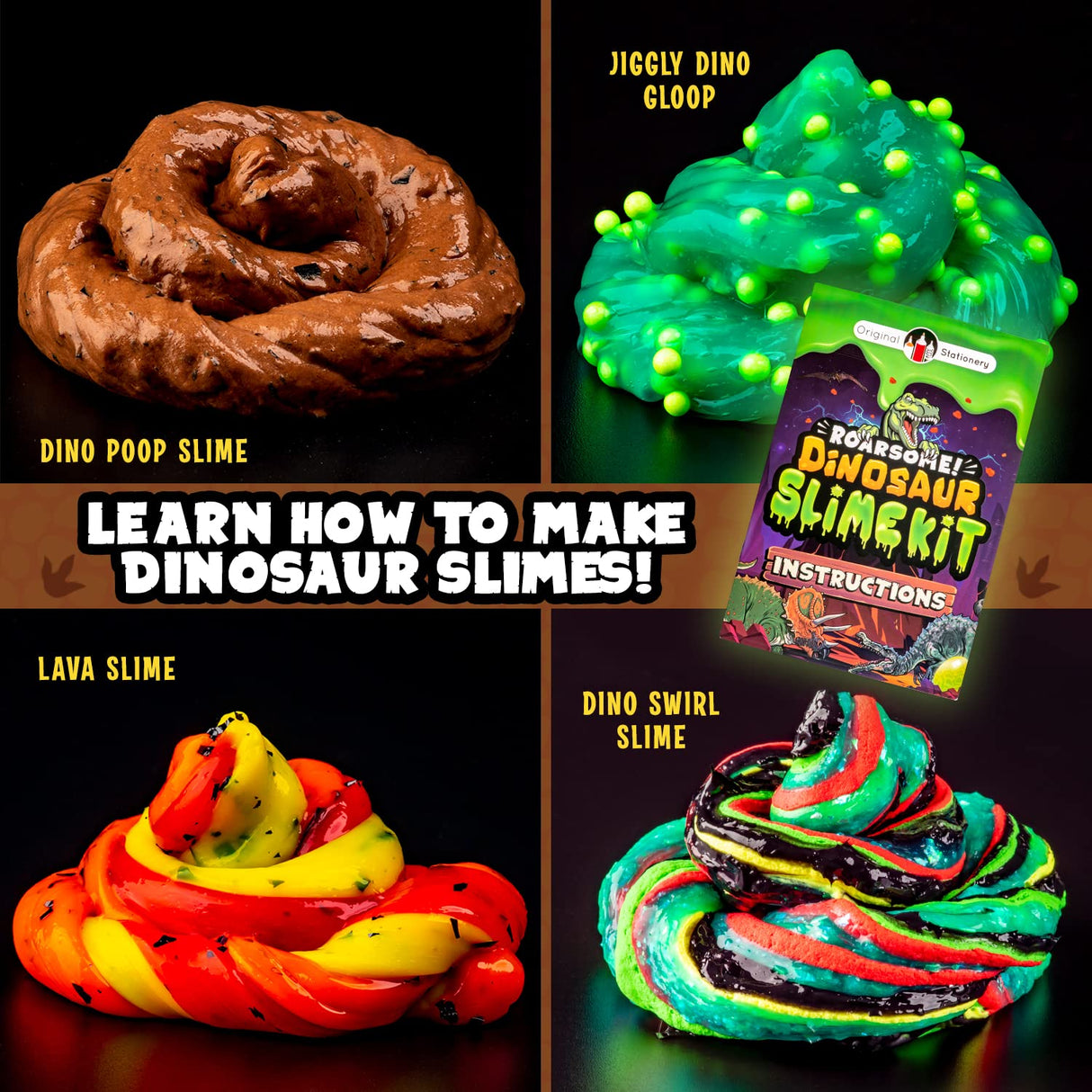 Original Stationery Dinosaur Slime Kit - Glow-in-The-Dark DIY Set for Creating Lava, Blood & Poop Effects, Unique Dino Scene, Birthday Gift Slime Kit for Boys Ages 8-12 Original Stationery