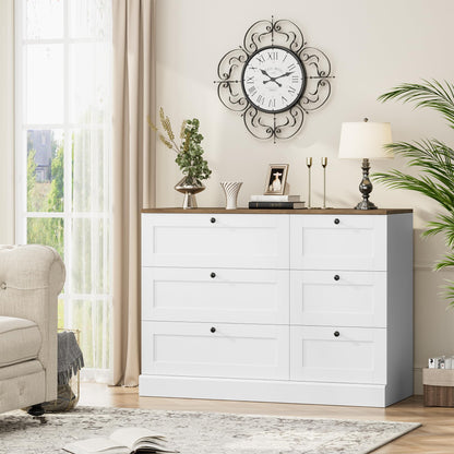 HOSTACK 6 Drawer Dresser, White Dresser for Bedroom, Wood Chest of Drawers, Wide Double Dresser, Modern Farmhouse Drawer Chest for Living Room, Hallway, Entryway, White/Rustic Brown - WoodArtSupply