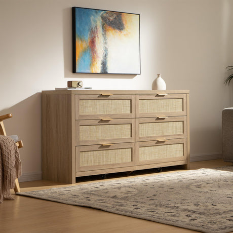 SICOTAS Rattan Dresser for Bedroom, 57" Wide 6 Drawer Dresser with Ample Storage, Dressers Large Chest of Drawers, Closet, Boho TV Stand for Bedroom (Reclaimed Light Oak, 1 Piece) SICOTAS