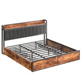 LIKIMIO Vintage Brown King Bed Frame with 4 Storage Drawers and Charging Headboard LIKIMIO