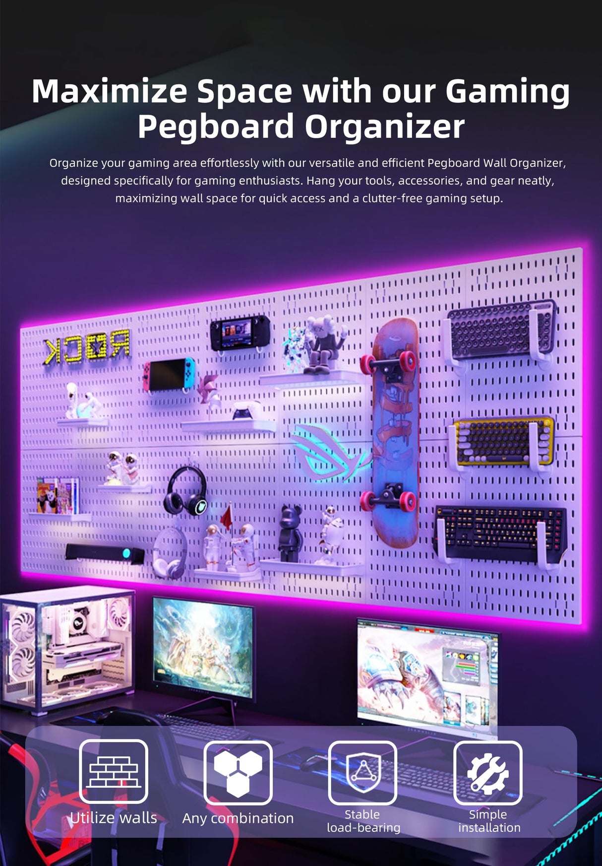 EVDBOBO Wall Organizer Peg Board - Elevate And Declutter Your Gaming And Office - Create A Perfectly Structured Space(Black) EVDBOBO