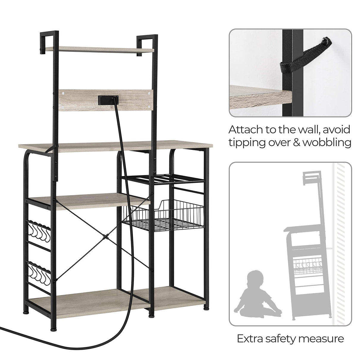 Yaheetech Bakers Rack with Power Outlet, 4-Tier Microwave Stand Cart Coffee Bar with Wire Basket and Wine Storage, Freestanding Kitchen Shelf Extra Counter Space, Gray Yaheetech