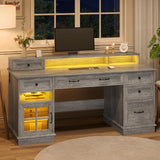 HAUOMS Farmhouse Executive Desk with Drawers Computer Desk with File Drawers, Power Outlet and Led Lights, Executive Office Desk with Storage Cabinet and Monitor Shelf for Home Office, Grey HAUOMS