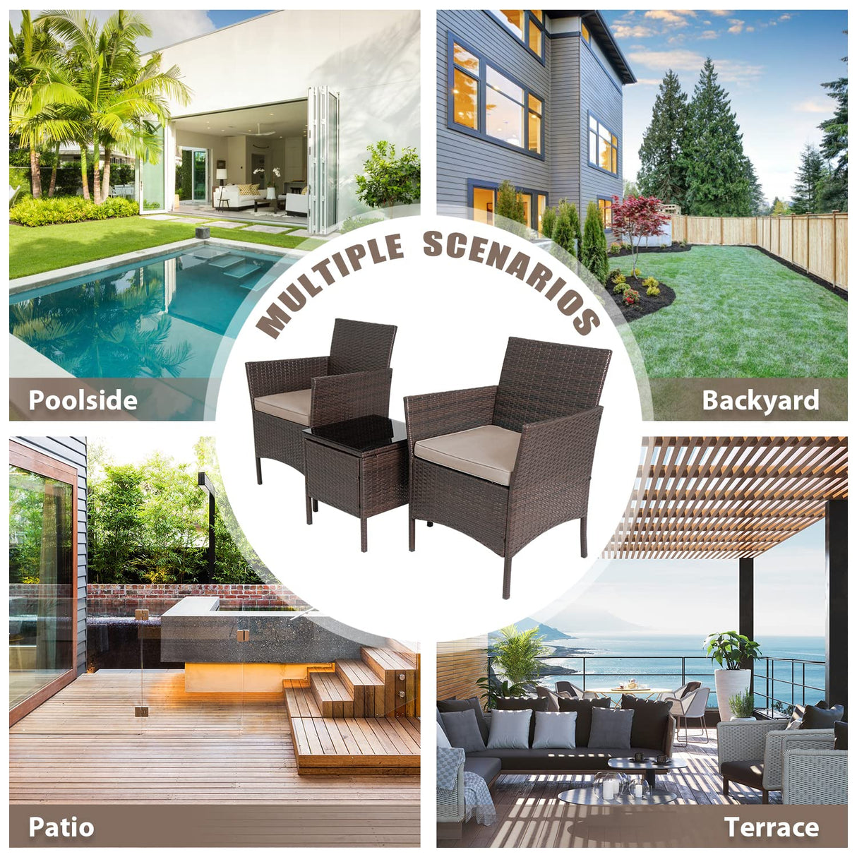 PayLessHere 3-Piece Outdoor Wicker Conversation Bistro Set Outdoor Patio Porch Furniture Sets for Yard, Garden with 2 PE Rattan Wicker Chairs, 2 Cushions,1 coffee table (Khaki) PayLessHere