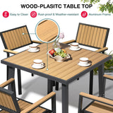 Pamapic 6-Piece Patio Dining Set，Outdoor Aluminum Furniture Set with Plastic-Wood Table Top,Outdoor Furniture Set with 4 Outdoor Stackable Chairs for Patio Garden Poolside (Teak) Pamapic