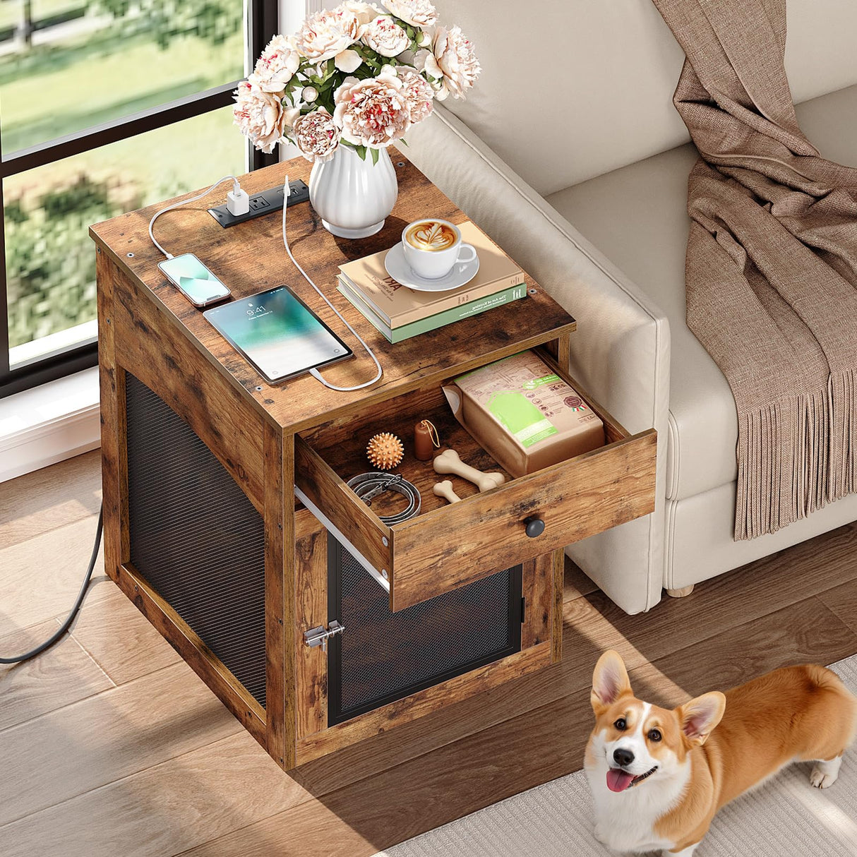 HOOBRO Dog Crate Furniture, Dog Kennel with Drawer and Charging Station, Indoor Decorative Puppy House, Wooden Pet Crate End Table for Small Dogs, Rustic Brown and Black BF58UGW03G1 HOOBRO
