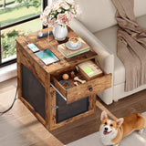 HOOBRO Dog Crate Furniture, Dog Kennel with Drawer and Charging Station, Indoor Decorative Puppy House, Wooden Pet Crate End Table for Small Dogs, Rustic Brown and Black BF58UGW03G1 HOOBRO