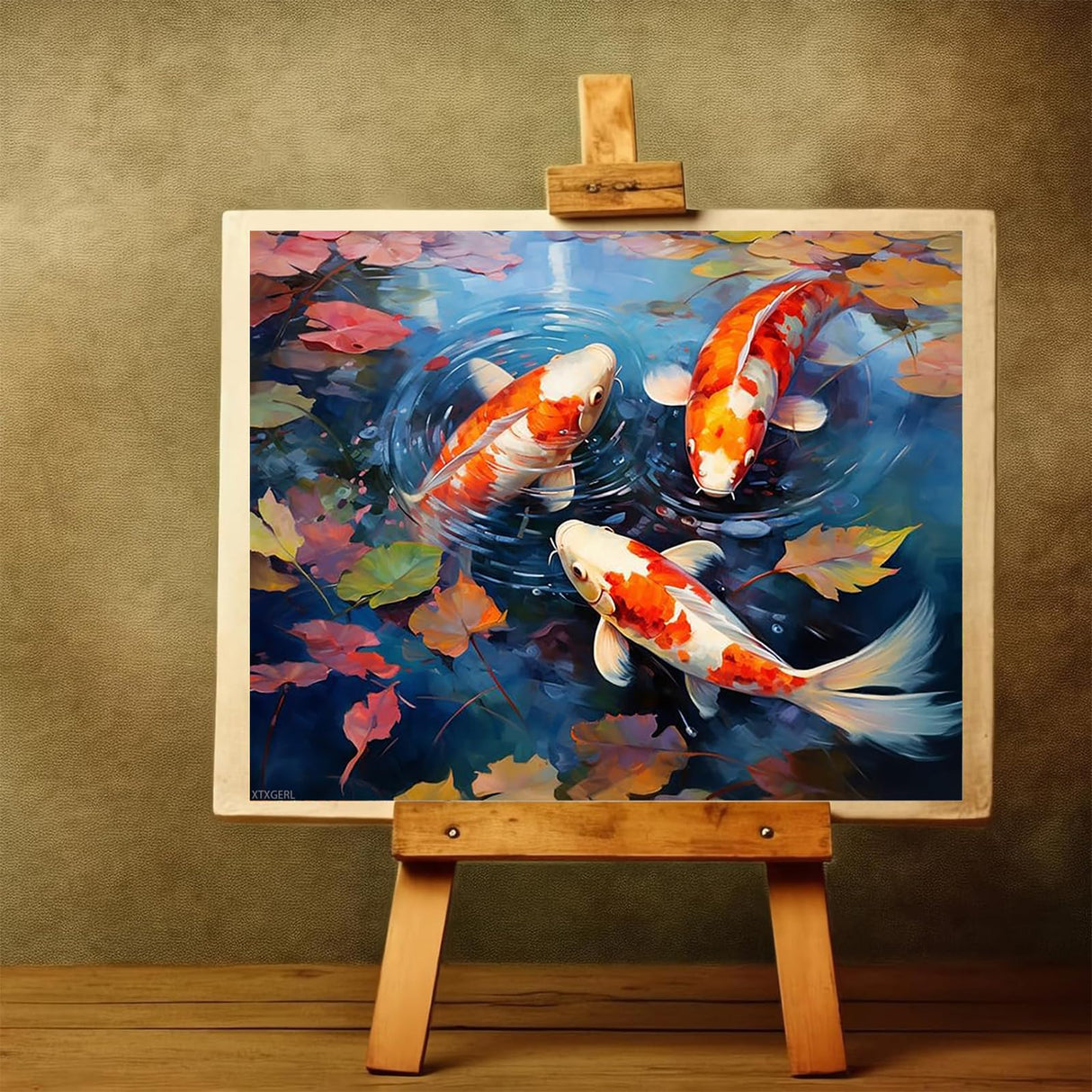 XTXGERL Canvas DIY Oil Painting for Adults Beginner, Pond Deciduous Koi Fish, Paint by Number Kits with Brushes and Acrylic Pigment, 40x50cm, Without Frame XTXGERL