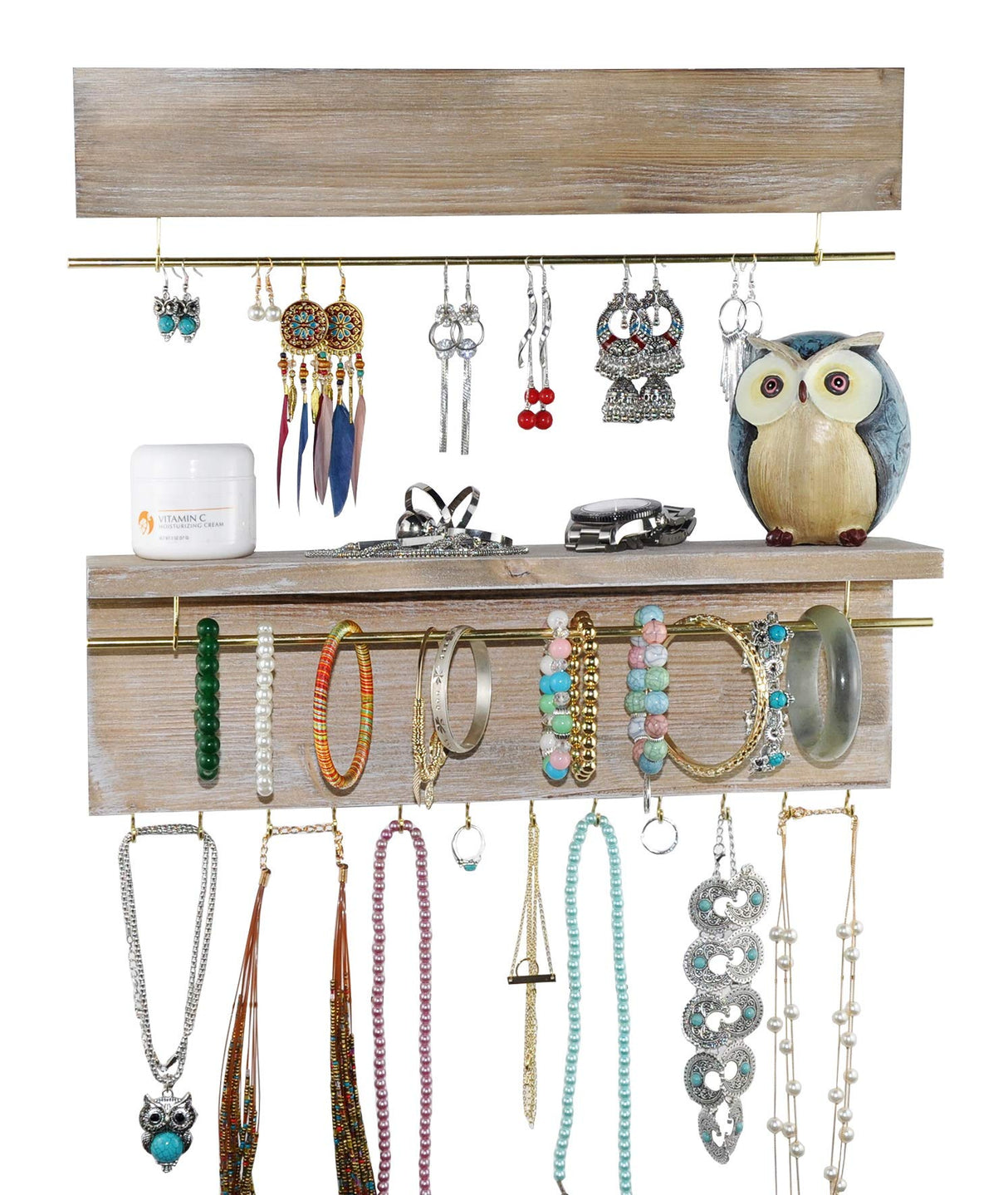 Spiretro Wall Mounted Wood Jewelry Organizer with Metal Bars, Set of 2 Spiretro