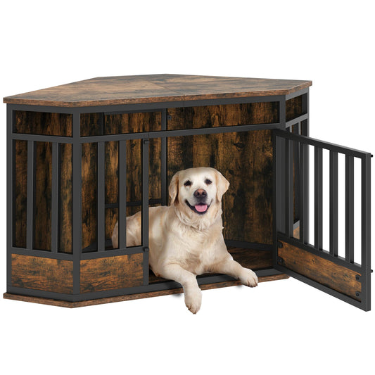 DWVO Corner Dog Crate Furniture, 52 Inch Heavy Duty Dog Kennel Indoor Furniture End Table Dog Crate for Large Dogs, Modern Decorative Dog Crate Wooden Dog Crate Furniture for Large Dogs, Rustic Brown