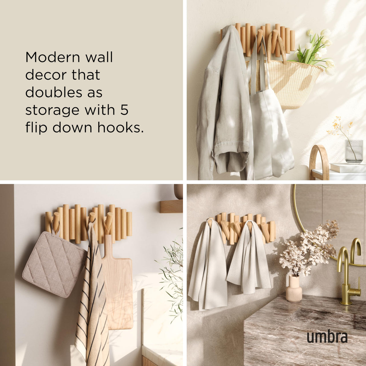 Umbra Picket 5 Hooks, Wall-Mounted Rail, Doubles as Art, Beveled Pine Wood Dowels, Natural Finish Umbra