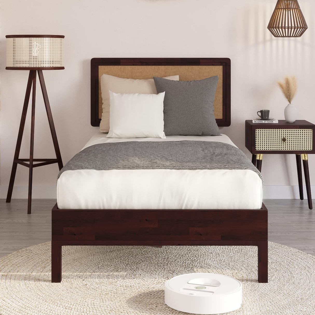 Bme Nipe 14 Inch Bohemian Bed Frame with Adjustable Woven Headboard - Rustic & Vintage Unique Style with Acacia Wood - No Box Spring Needed - Easy Assembly - Twin, Walnut Bme