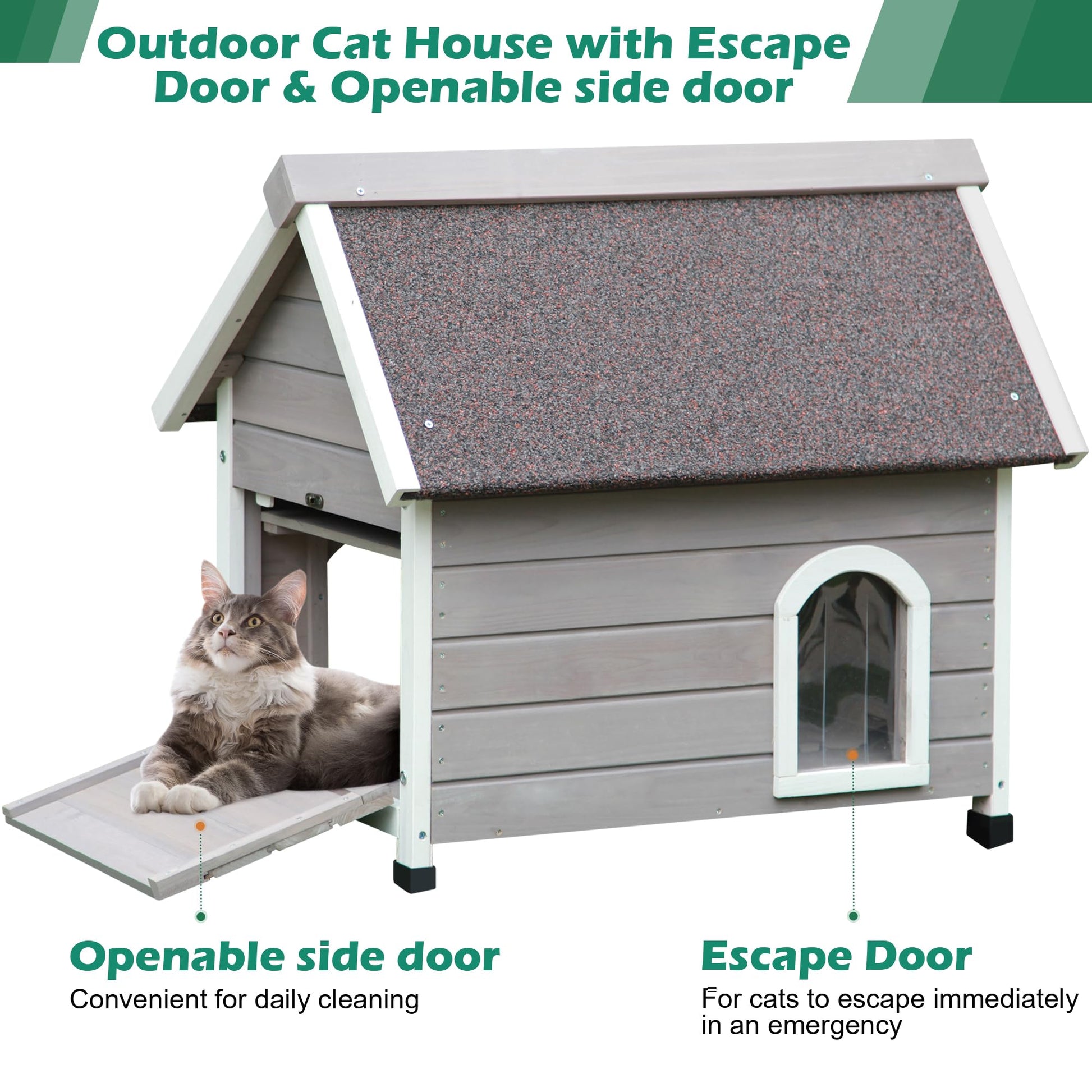 HiCaptain Outdoor Cat House for Feral Cats, Weatherproof Wooden Cat House Ideal Outdoor Shelter for Cats with Escape Door, Clear Window and Attic, Large Interior Space (Grey) - WoodArtSupply