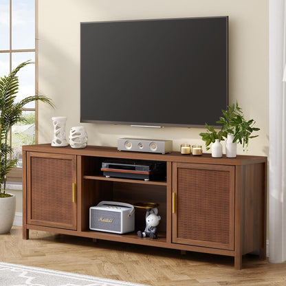 affeivul Mid Century Modern TV Stand with Storage Cabinet, 65 inch Low TV Console Table, Rattan TV Stand with Doors, Rustic Walnut TV Entertainment Stand with Shelves for Bedroom/Living Room - WoodArtSupply