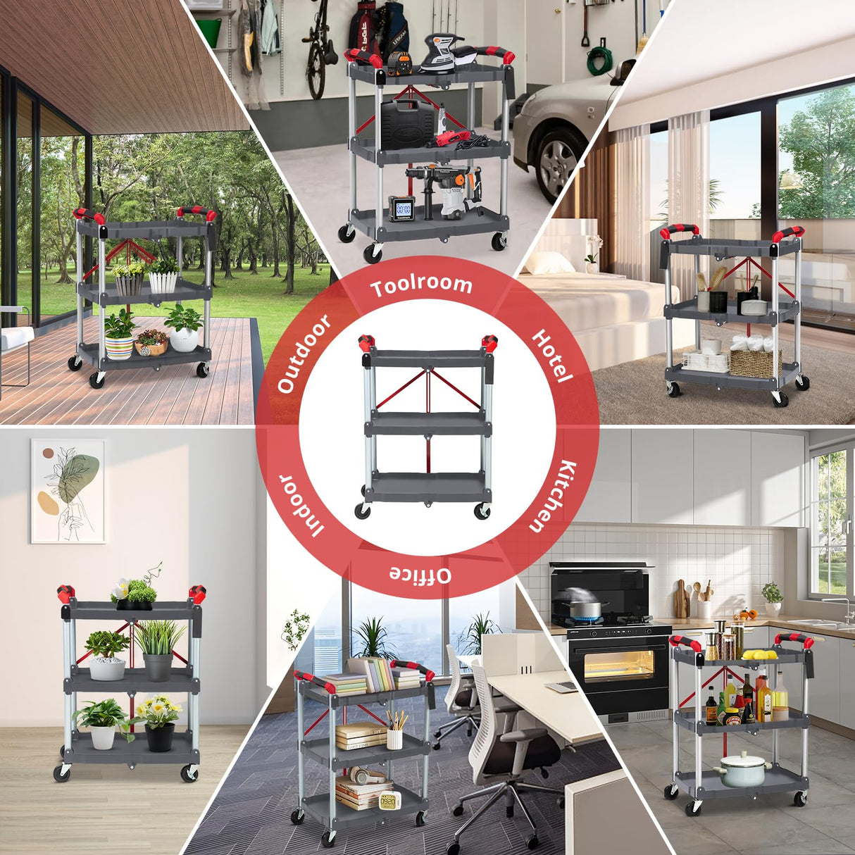 Towallmark Portable Folding Service Cart, 3 Tier Folding Utility Cart, Collapsible Utility Carts for Office, Warehouse, and Home, 56 Lbs Load Capacity per Shelf (Grey & Red) Towallmark