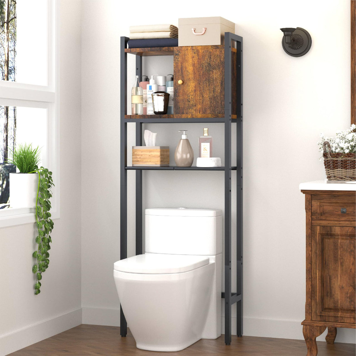 Over The Toilet Storage, 3 Tier Bathroom Organizer, Storage for Free Standing Wood Cabinet, Multifunctional Above Toilet Storage，Wood Bedaphon