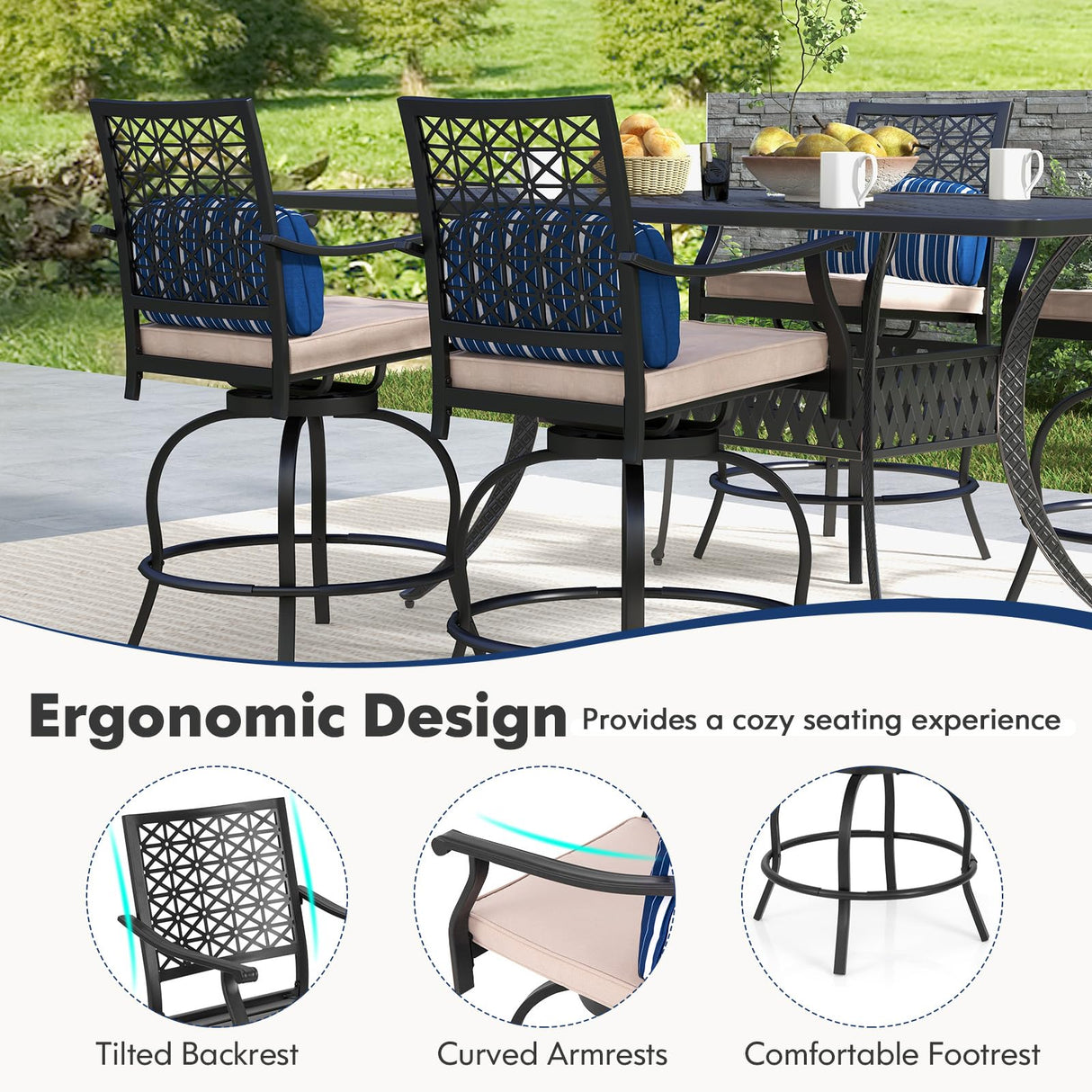COSTWAY Outdoor Bar Chair Set of 4, 24.5 Inch Swivel Counter Height Bar Stools with Footrest, Seat Cushions & Lumbar Pillows, Metal Dining Bar Chairs for Patio, Backyard, Poolside (4) COSTWAY