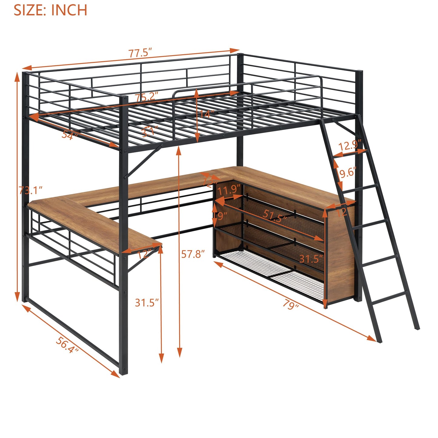 Metal Full Size Loft Bed with L-Shaped Desk,Heavy Duty Loft Bed with 3 Tier Shelves for Kids Teens Adults,High Loft Bed Frame, Space Saving Loft Bed Full Size(Full,Black)