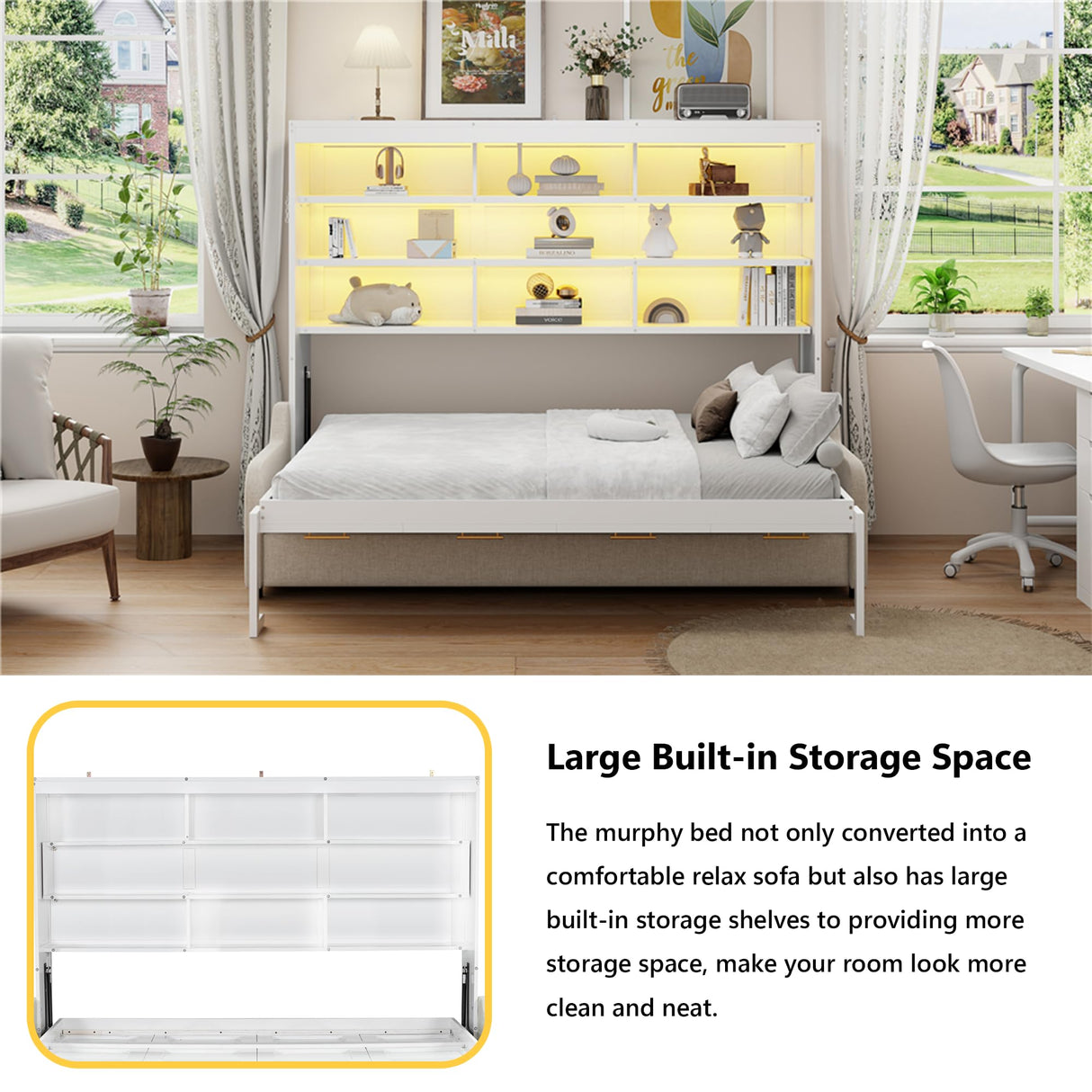 Queen Horizontal Murphy Bed with Sofa and Storage Shelves,LED Light,Solid Wood Space Saving Hideaway Murphy Wall Bed with Couch and Storage for Adults (Beige) MERITLINE