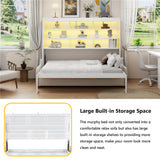 Queen Horizontal Murphy Bed with Sofa and Storage Shelves,LED Light,Solid Wood Space Saving Hideaway Murphy Wall Bed with Couch and Storage for Adults (Beige) MERITLINE