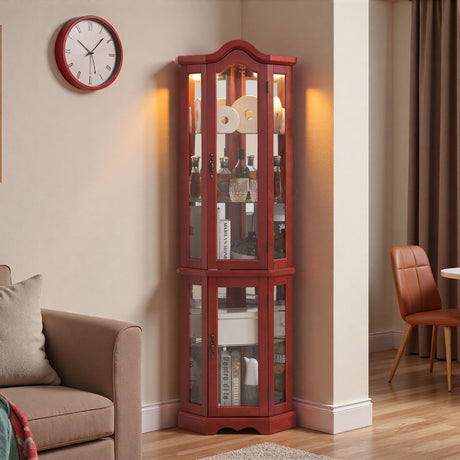 Trygoal 70" H Lighted Corner Curio Cabinet, Curved Wood Corner Cabinet with Tempered Glass Doors and Shelves, Glass Display Case with Bulb for Living Room, Cherry Trygoal