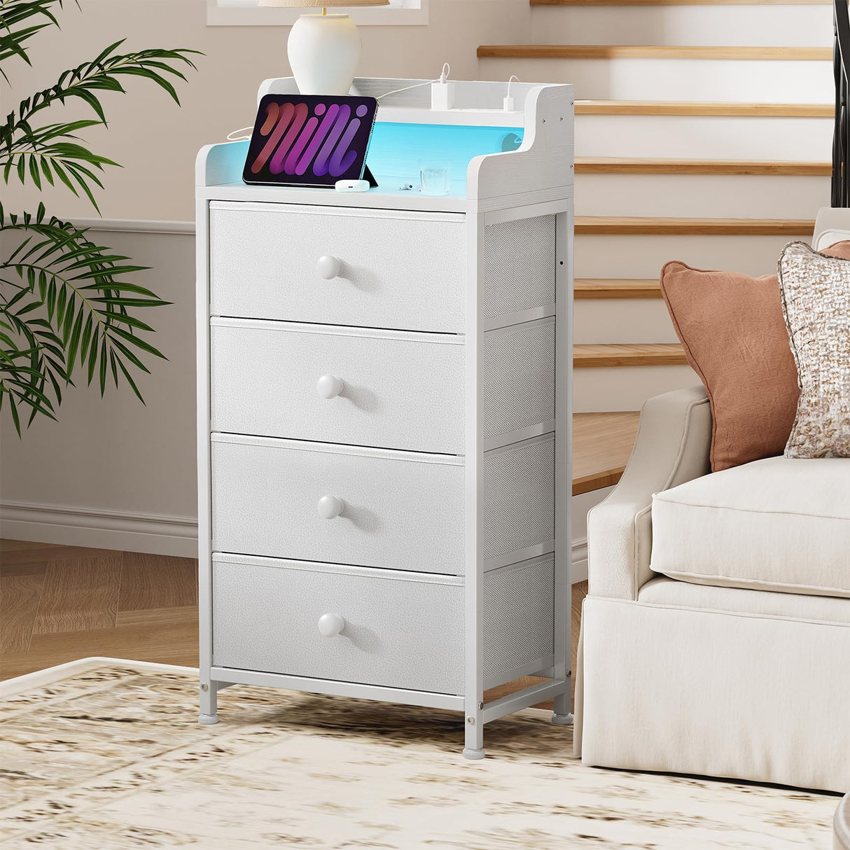 REAHOME Nightstand with Charging Station and LED Light, Tall White Night Stand with 4 Drawers and 2-Tier Shelf, Bedside Table with Sturdy Steel Frame Wood Top for Bedroom, Living Room - White REAHOME