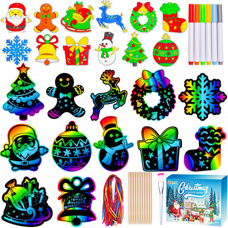 Garma 36Pcs Christmas Crafts Scratch Art for Kids, Rainbow Scratch Paper Christmas Ornaments Crafts Christmas Party Favors Toys Xmas Tree Ornaments Hanging Craft Art Kits Garma