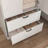 Armoire Wardrobe Closet, with 2 Rattan Doors, Freestanding Wooden Wardrobe Cabinet with 3 Storage Drawers and Hanging Rail, Wardrobe Armoire for Bedroom (White+Mirror) Rumiiro