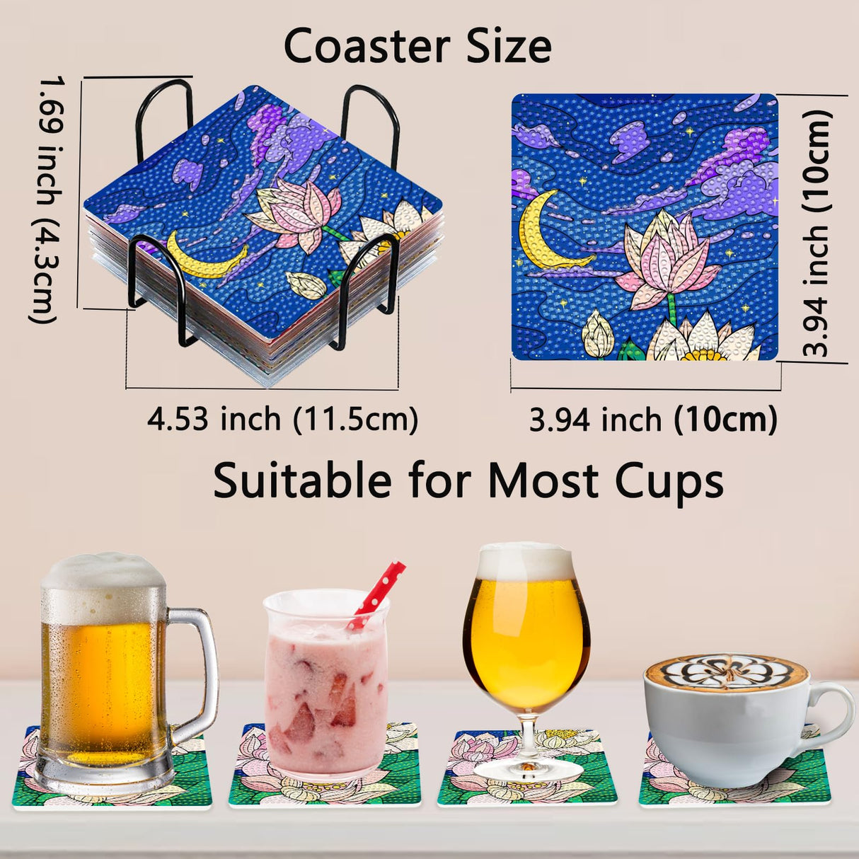 TDOOW Diamond Painting Coasters Kits, 8 Pcs Diamond Art Coasters with Holder, Crafts Kits for DIY Coasters, Diamond Art Kits for Adults-Square Lotus Pattern TDOOW