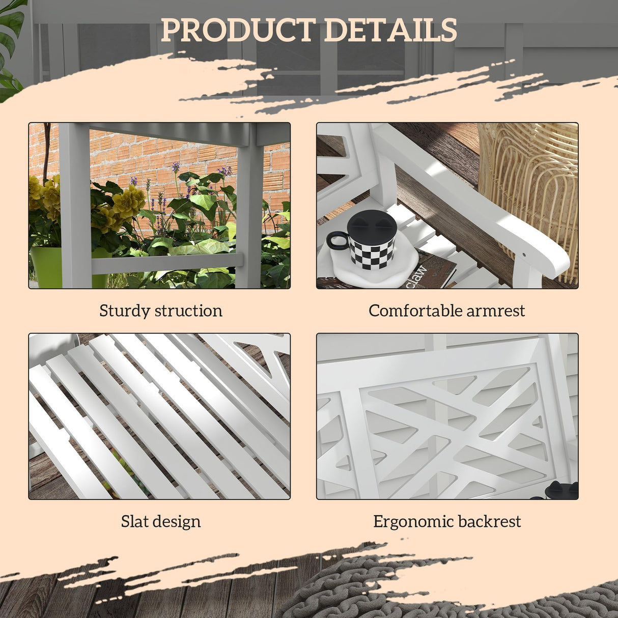 Outsunny Outdoor Garden Bench, Wooden Frame Patio Bench with Geometric Pattern, 43.25 Inch Weatherproof 2-Person Love Seat for Garden, Lawn, Porch, Yard, Work Entryway, White Outsunny