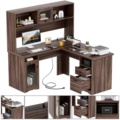 Unikito L Shaped Desk with Drawers, 60 Inch Office Desk with Power Outlet and LED Lights, Sturdy Corner Computer Desk with Hutch and File Cabinets, 2 Person Home Office Gaming Table, Rustic O - WoodArtSupply