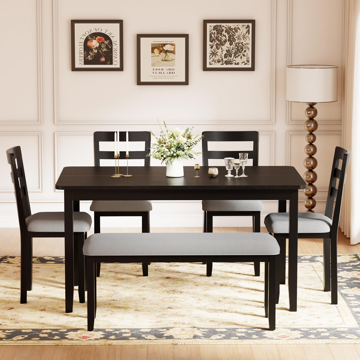 JUMMICO Solid Wood 6 Piece Dining Table Set, Modern 58"/W Kitchen Table Set for 6 with 4 Upholstered Chairs & 1 Bench, Kitchen & Dining Room Sets for Kitchen, Restaurant (Black & Grey) JUMMICO