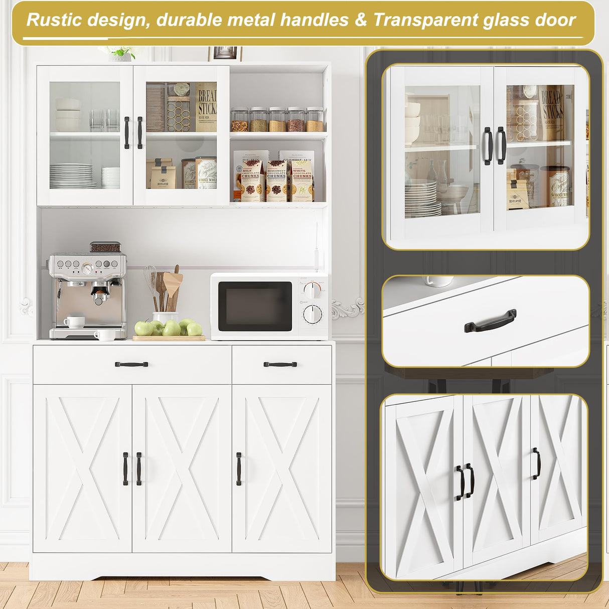 Iavyga 71" Kitchen Pantry Cabinet: Hutch Cabinet with Glass Doors, Pantry Cabinets with Drawers, Adjustable Shelves, LED Light & Power Outlets for Kitchen, Living Room, Dining Room Iavyga