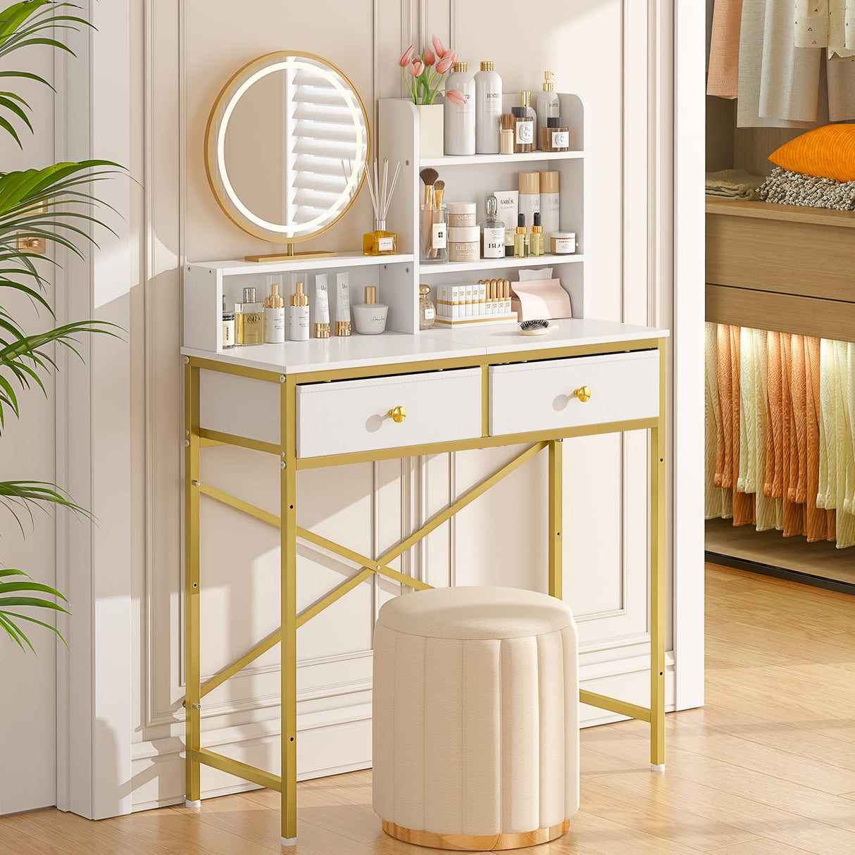Makeup Vanity Desk No Mirror for Bedroom, Vanity Table Set with 2 Drawer and Open Storage Shelves, Small Vanity for Small Spaces, White and Gold, 31.5in(L) ThreeHio